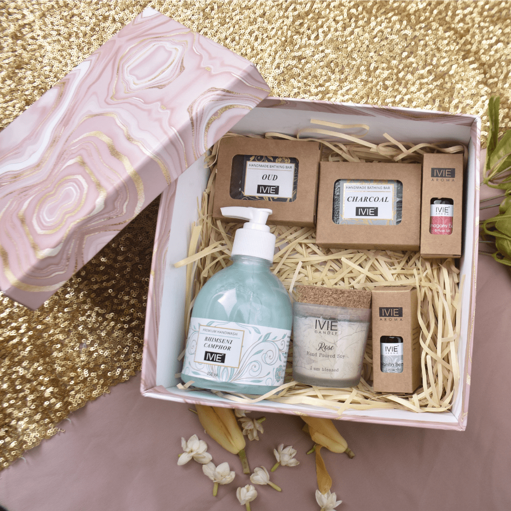 IVIE Gift Hamper 2 [ Oud Handmade Soap , Charcoal Handmade Soap , Aroma Mohagany Diffuser Oil , Aroma Venilla Berry Diffuser Oil , Bhimseni Handwash , Candle - Rose ]