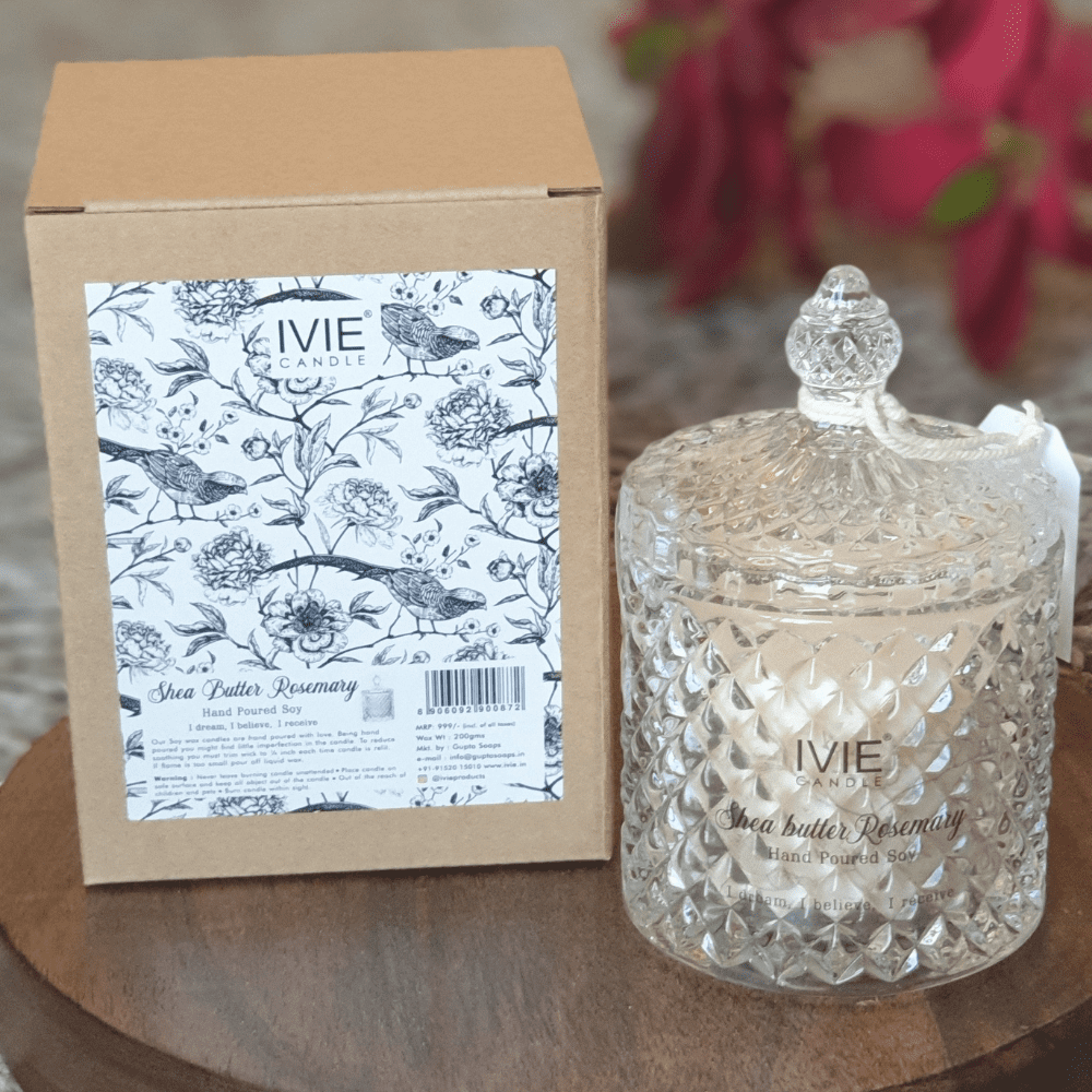 SHEA BUTTER ROSEMARY | Premium Crystal Jar With Glass Lid Candle