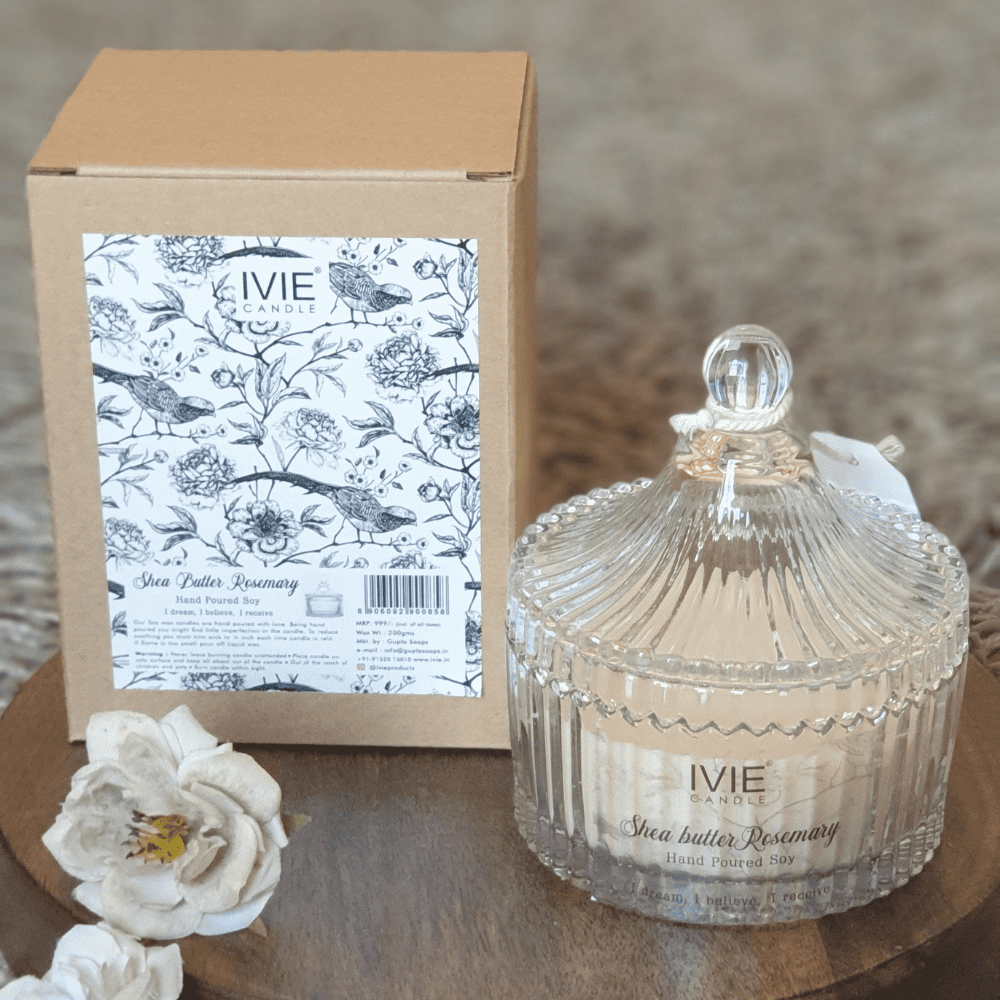 SHEA BUTTER ROSEMARY | Premium Crystal Short Jar With Glass Lid Candle