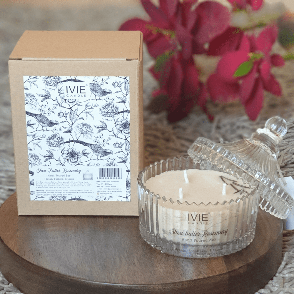 SHEA BUTTER ROSEMARY | Premium Crystal Short Jar With Glass Lid Candle