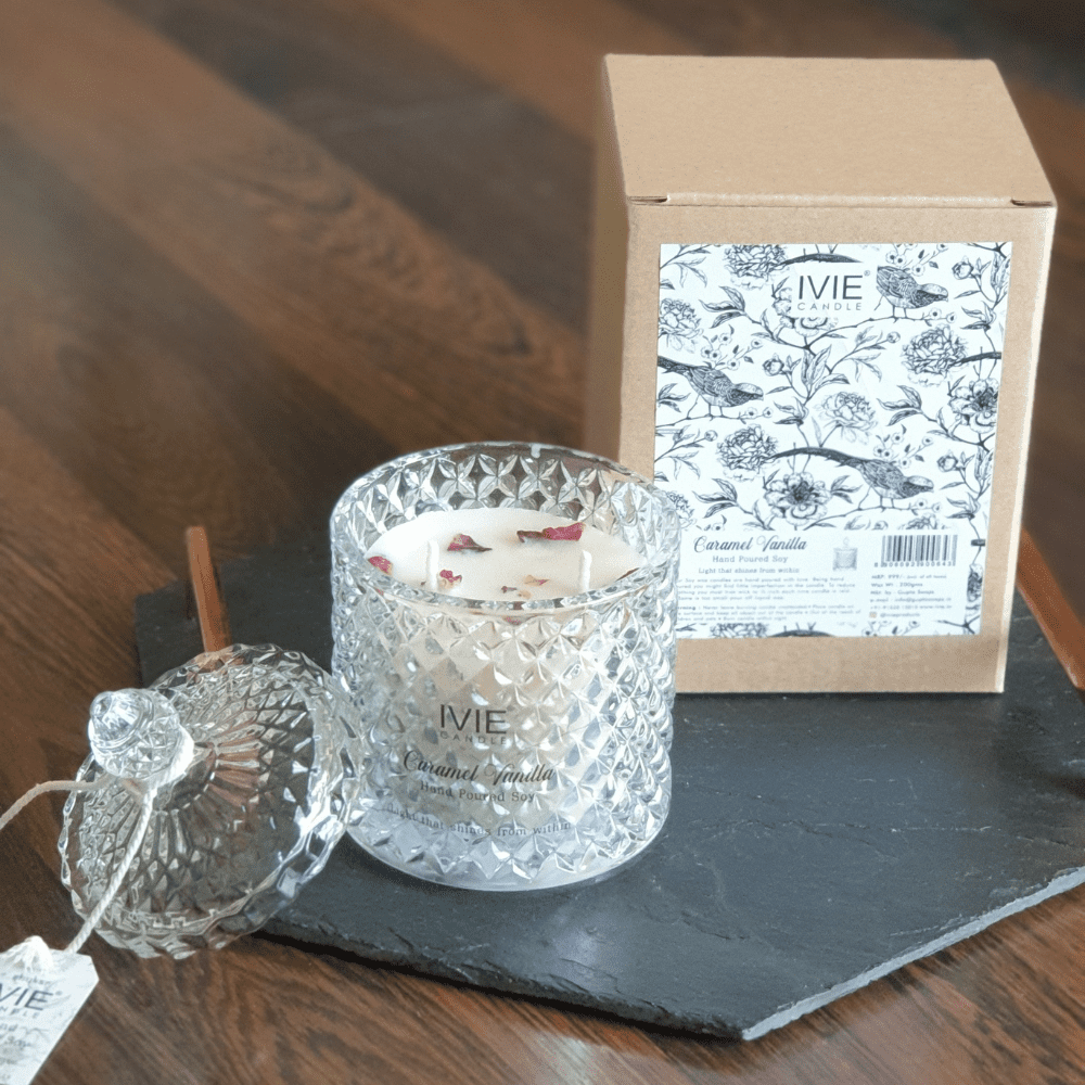 CARAMEL VANILLA |Premium Crystal Jar With Glass Lid Candle