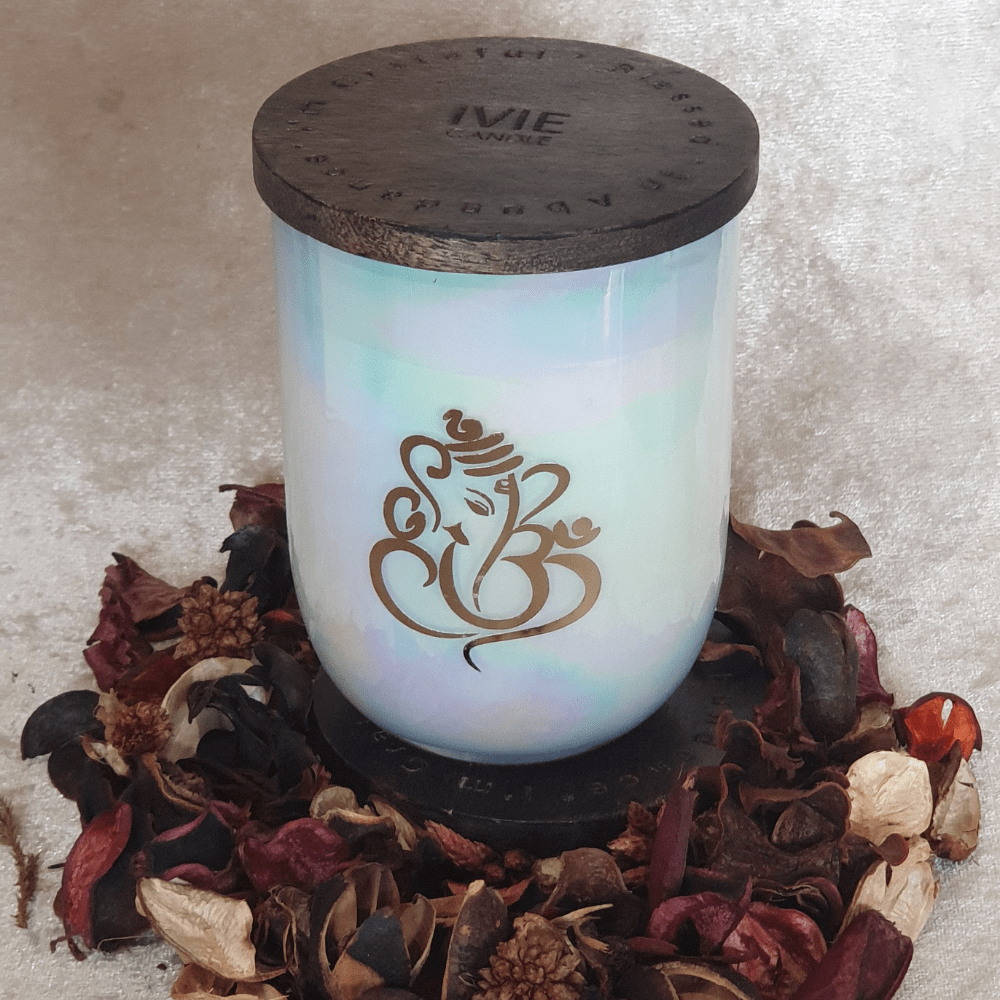 IVIE Smokeless Scented Organic Hand Poured Soy wax candle with Beautiful printed Ganpati Design