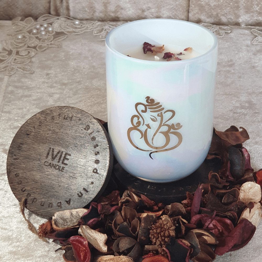 IVIE Smokeless Scented Organic Hand Poured Soy wax candle with Beautiful printed Ganpati Design